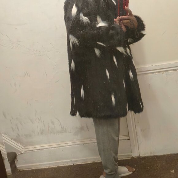 Faux Fur Jacket Mens Middle-length Black Long-sleeved Fox Fur Jacket Warm Trench - Picture 2 of 13